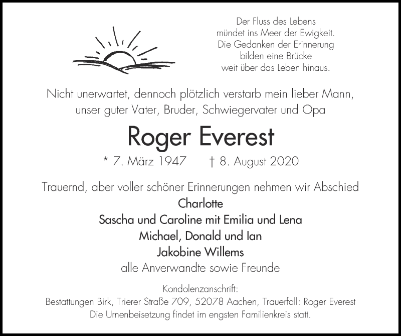  Traueranzeige für Roger Everest vom 23.08.2020 aus Zeitung am Sonntag
