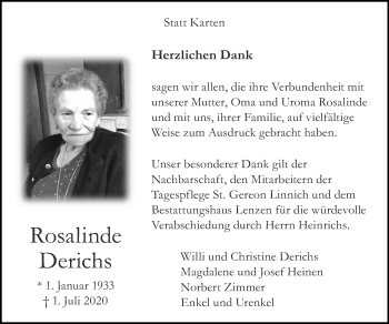 Traueranzeige von Rosalinde Derichs von Zeitung am Sonntag