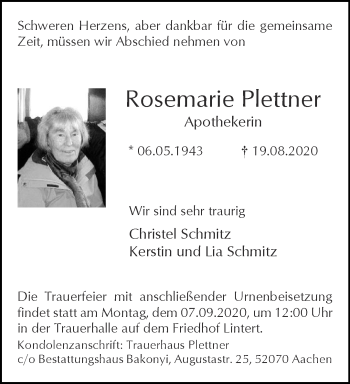 Traueranzeige von Rosemarie Plettner von Aachener Zeitung / Aachener Nachrichten