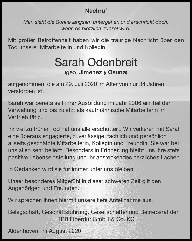  Traueranzeige für Sarah Odenbreit vom 09.08.2020 aus Zeitung am Sonntag
