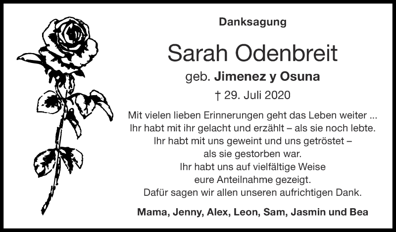  Traueranzeige für Sarah Odenbreit vom 16.08.2020 aus Zeitung am Sonntag