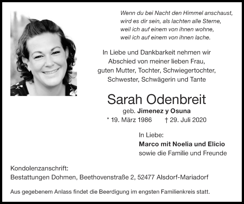  Traueranzeige für Sarah Odenbreit vom 02.08.2020 aus Zeitung am Sonntag