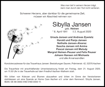 Traueranzeige von Sibylla Jansen von Zeitung am Sonntag