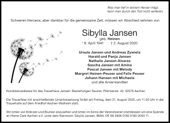 Traueranzeige von Sibylla Jansen von Aachener Zeitung / Aachener Nachrichten