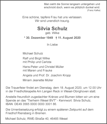 Traueranzeige von Silvia Schulz von Aachener Zeitung / Aachener Nachrichten