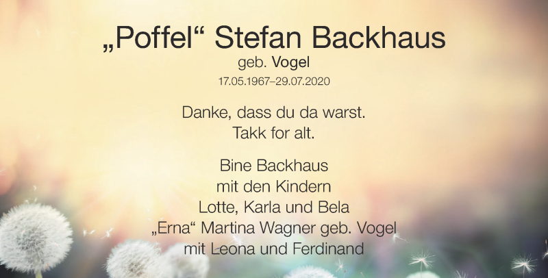  Traueranzeige für Stefan Backhaus vom 12.08.2020 aus Aachener Zeitung / Aachener Nachrichten
