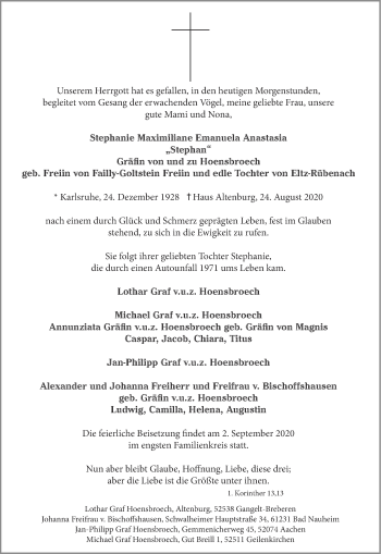 Traueranzeige von Stephanie Maximiliane Emanuela Anastasia Gräfin von und zu Hoensbroech von Aachener Zeitung / Aachener Nachrichten