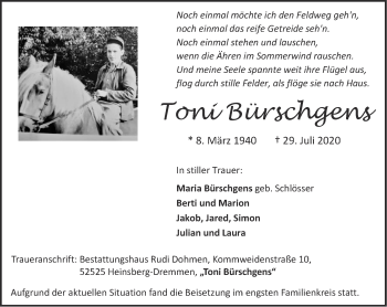 Traueranzeige von Toni Bürschgens von Zeitung am Sonntag