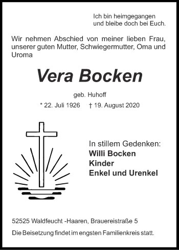 Traueranzeige von Vera Bocken von Zeitung am Sonntag