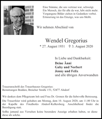 Traueranzeige von Wendel Gregorius von Zeitung am Sonntag