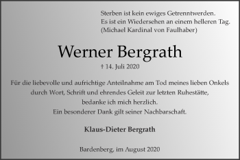 Traueranzeige von Werner Bergrath von Zeitung am Sonntag