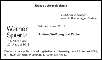 Traueranzeige von Werner Spiertz von Zeitung am Sonntag
