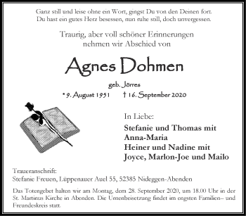 Traueranzeige von Agnes Domen von Zeitung am Sonntag