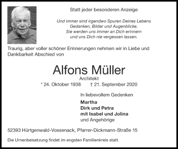 Traueranzeige von Alfons Müller von Zeitung am Sonntag