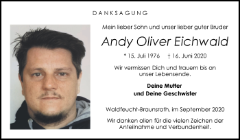 Traueranzeige von Andy Oliver Eichwald von Zeitung am Sonntag