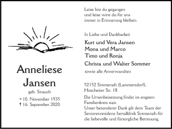Traueranzeige von Anneliese Jansen von Zeitung am Sonntag
