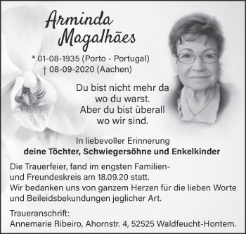 Traueranzeige von Arminda Magalhães von Zeitung am Sonntag