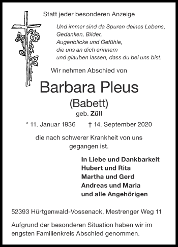 Traueranzeige von Barbara Pleus von Zeitung am Sonntag