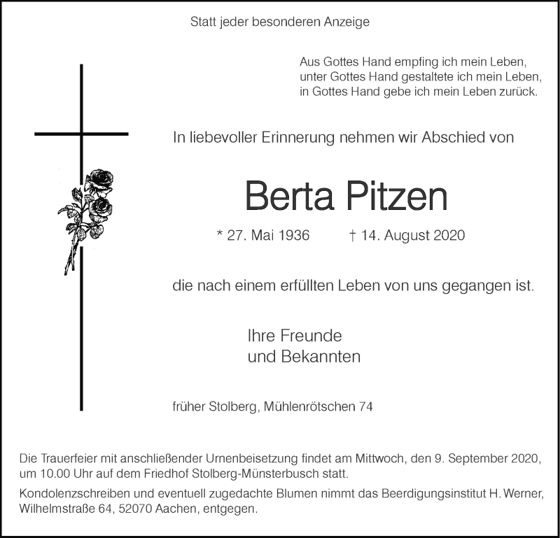  Traueranzeige für Berta Pitzen vom 06.09.2020 aus Zeitung am Sonntag