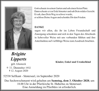 Traueranzeige von Brigitte Lipperts von Zeitung am Sonntag