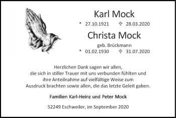 Traueranzeige von Christa Mock von Zeitung am Sonntag