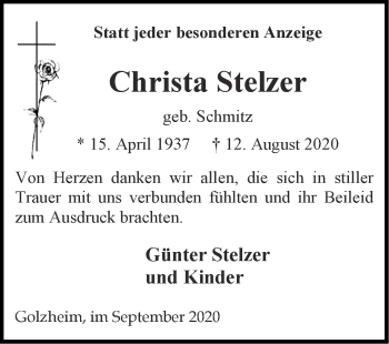 Traueranzeige von Christa Stelzer von Zeitung am Sonntag