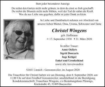 Traueranzeige von Christel Wingens von Zeitung am Sonntag