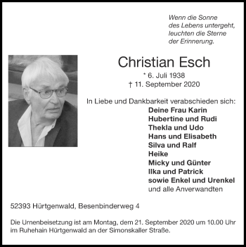 Traueranzeige von Christian Esch von Zeitung am Sonntag