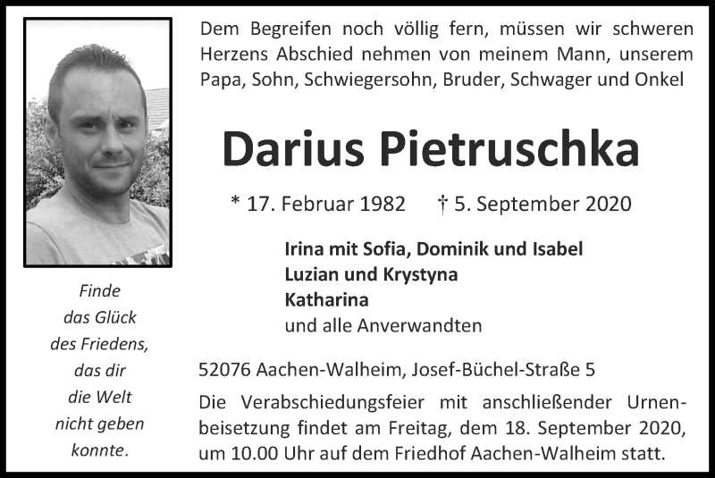  Traueranzeige für Darius Pietruschka vom 13.09.2020 aus Zeitung am Sonntag