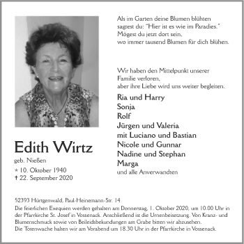 Traueranzeige von Edith Wirtz von Zeitung am Sonntag