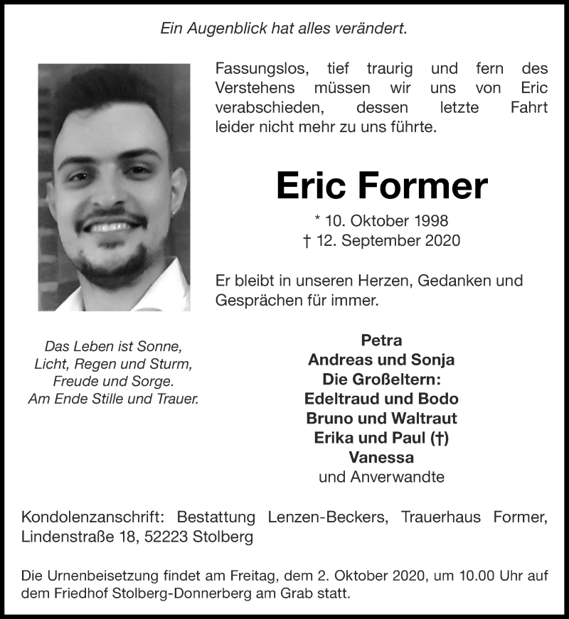  Traueranzeige für Eric Former vom 26.09.2020 aus Aachener Zeitung / Aachener Nachrichten