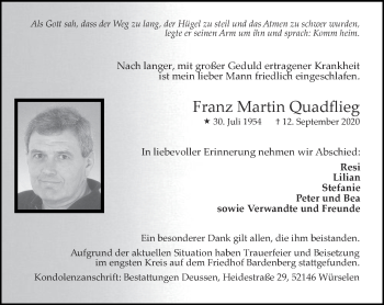 Traueranzeige von Franz Martin Quadflieg von Zeitung am Sonntag