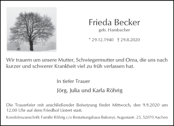Traueranzeige von Frieda Becker von Aachener Zeitung / Aachener Nachrichten
