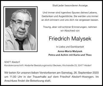 Traueranzeige von Friedrich Malysek von Zeitung am Sonntag