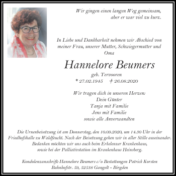Traueranzeige von Hannelore Beumers von Zeitung am Sonntag