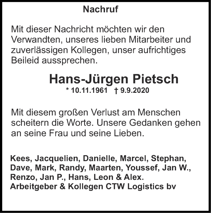  Traueranzeige für Hans-Jürgen Pietsch vom 20.09.2020 aus Zeitung am Sonntag
