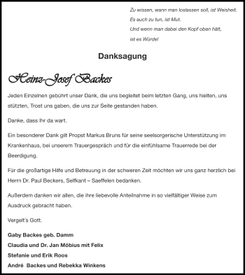 Traueranzeige von Heinz-Josef Backes von Zeitung am Sonntag