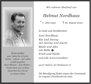Traueranzeigen von Helmut Nordhaus Aachen gedenkt