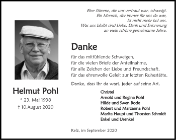 Traueranzeige von Helmut Pohl von Zeitung am Sonntag