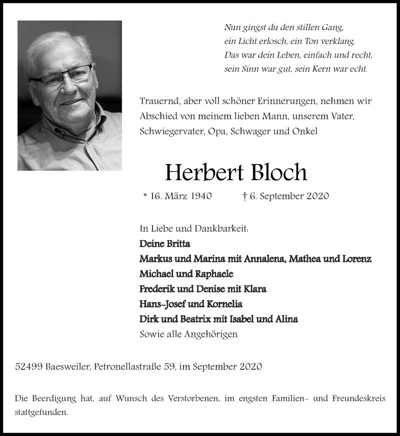  Traueranzeige für Herbert Bloch vom 19.09.2020 aus Aachener Zeitung / Aachener Nachrichten