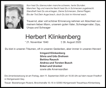 Traueranzeige von Herbert Klinkenberg von Zeitung am Sonntag