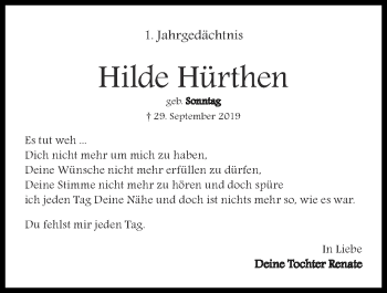 Traueranzeige von Hilde Hürthen von Zeitung am Sonntag