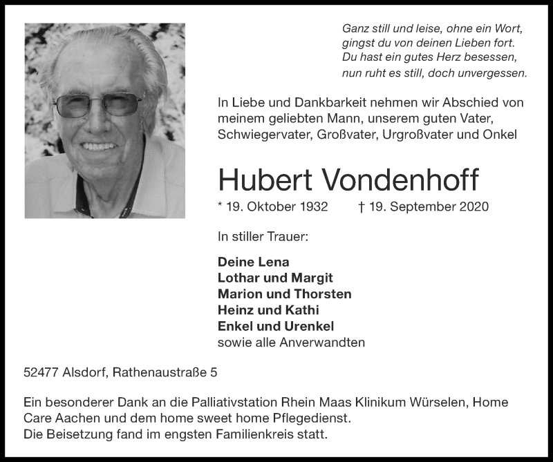  Traueranzeige für Hubert Vondenhoff vom 27.09.2020 aus Zeitung am Sonntag