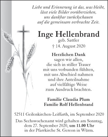 Traueranzeige von Inge Hellenbrand von Zeitung am Sonntag