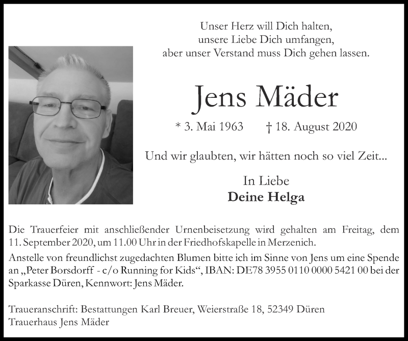  Traueranzeige für Jens Mäder vom 06.09.2020 aus Zeitung am Sonntag