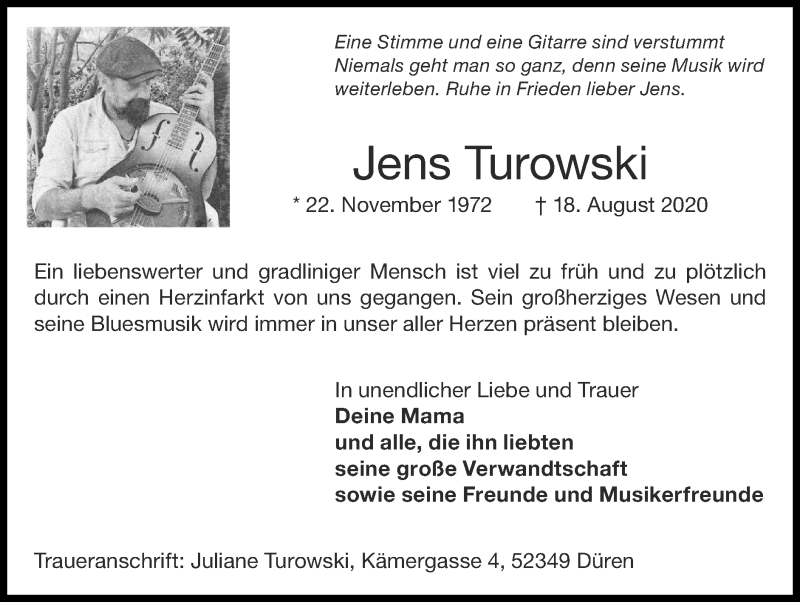  Traueranzeige für Jens Turowski vom 13.09.2020 aus Zeitung am Sonntag