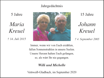 Traueranzeige von Johann Kreuel von Zeitung am Sonntag