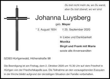 Traueranzeige von Johanna Luysberg von Aachener Zeitung / Aachener Nachrichten