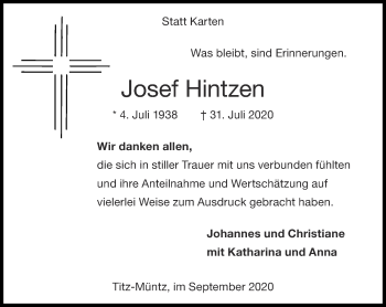 Traueranzeige von Josef Hintzen von Zeitung am Sonntag