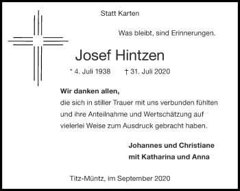 Traueranzeige von Josef Hintzen von Zeitung am Sonntag